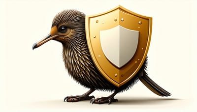 Illustration of a kiwi bird with a shield, representing digital safety for New Zealand businesses
